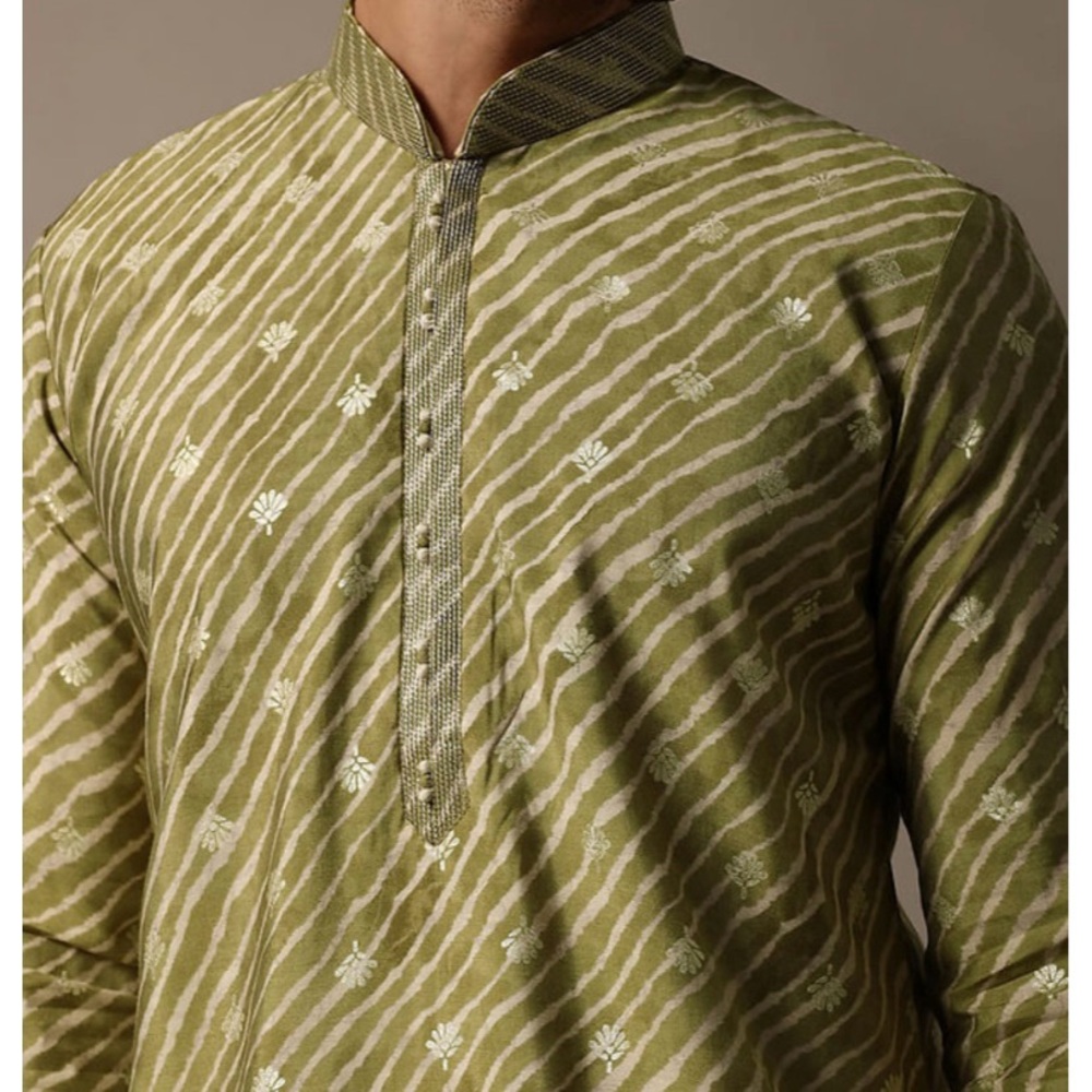 Green Striped Men's Kurta Shirt & Pants